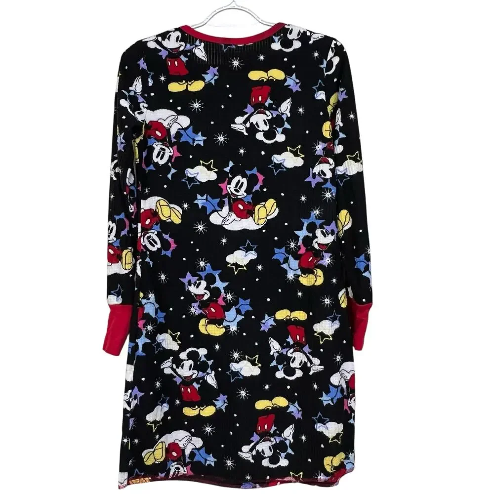Disney Mickey Mouse Sleep Shirt Nightgown Womens Medium Black Waffle Knit Pajama - Picture 2 of 7